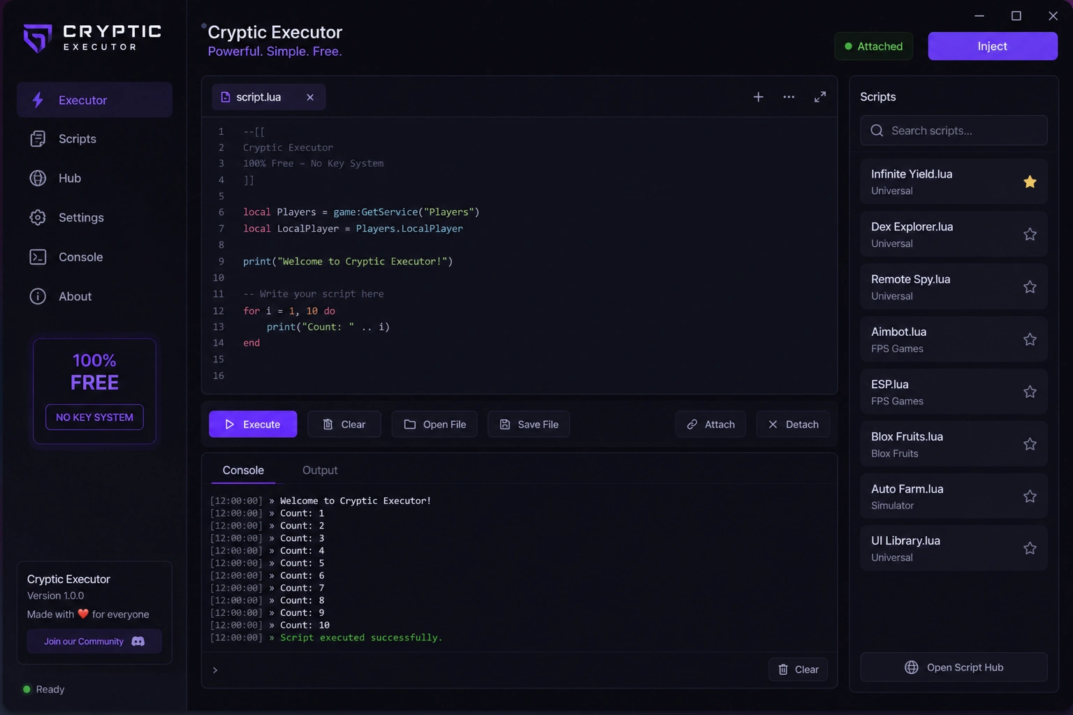 Cryptic Executor interface with the Lua editor, script hub and live console